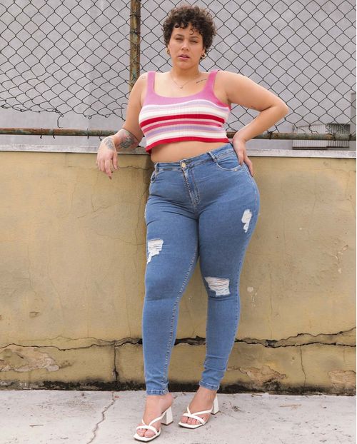 Calça Feminina Plus Consciência Jeans , Coleção Curves-21341 Média Rasgada