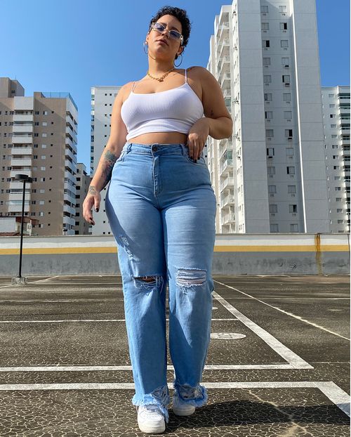 Calça Jeans Feminina Wide Leg Plus Basica 29002 Clara Rasgada