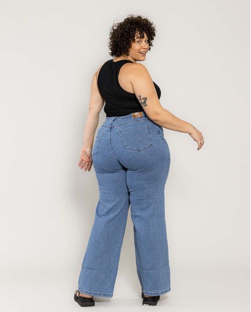 Calça Jeans Feminina Wide Leg Plus Rasgo No Joelho 29027 Média