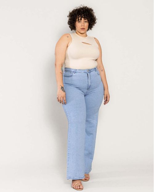 Calça Jeans Feminina Wide Leg Plus com Bolsos Frontais Fechados 29030 Clara