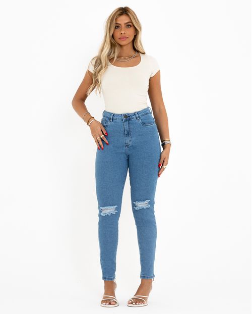 Calça Jeans Mom Feminina Cintura Alta com Elastano Rasgada 00207 Média