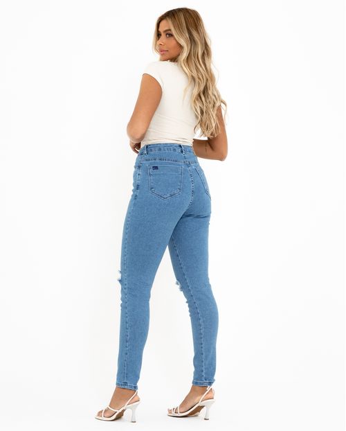 Calça Jeans Mom Feminina Cintura Alta com Elastano Rasgada 00207 Média