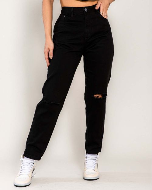 Calça Feminina Mom Preta com Rasgo No Joelho 00110 Preto