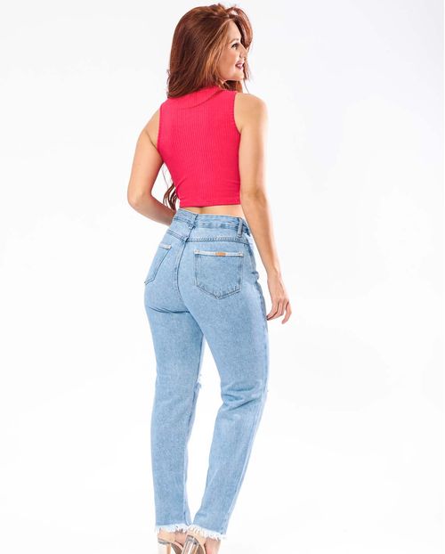 Calça Jeans Feminino Mom Clara Rasgada com Barra Desfiada   21612 Clara Rasgada
