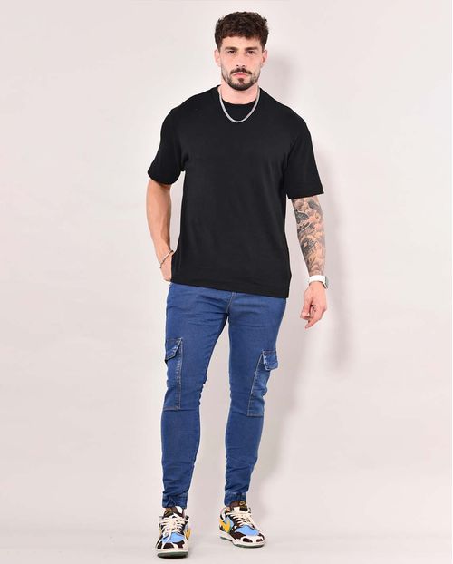 Calça Jeans Masculina Jogger  com Bolso Cargo 21047 Escura