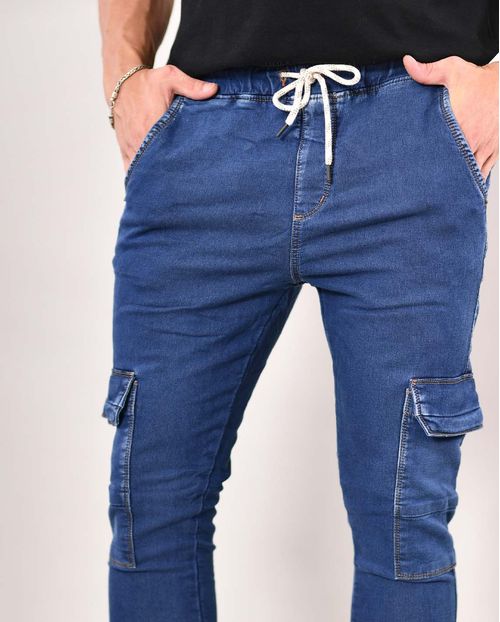 Calça Jeans Masculina Jogger  com Bolso Cargo 21047 Escura