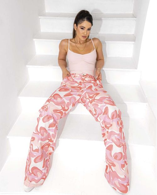 Calça Feminina Wide Leg Cargo 22421 Estampado Rosa