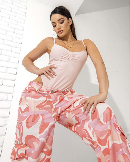 Calça Feminina Wide Leg Cargo 22421 Estampado Rosa