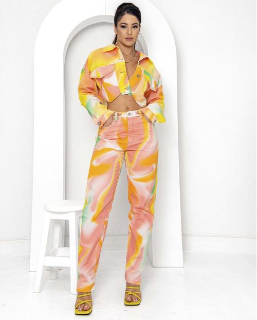Calça Feminina Mom com Abertura Lateral Na Barra  22551 Estampado Color