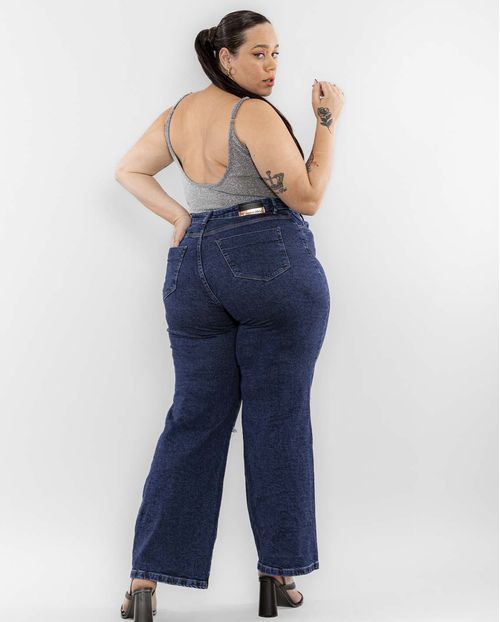 Calça Jeans Feminina Wide Leg Plus Rasgo No Joelho 29027 Escura