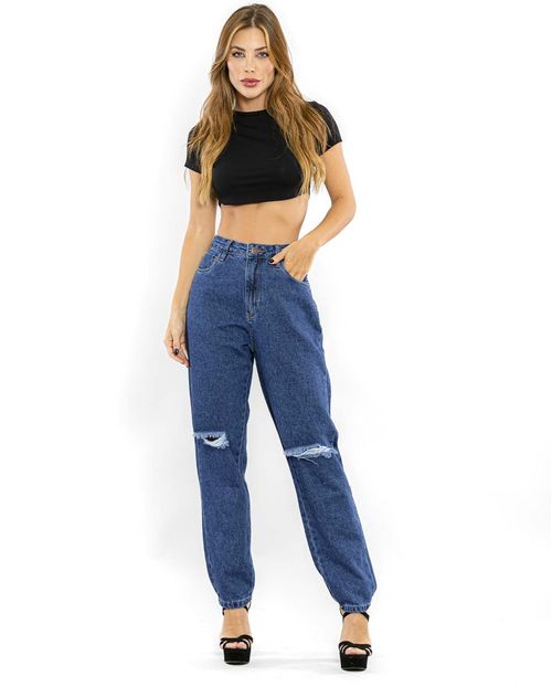 Calça Jeans Feminina Mom 101 Vibes com Rasgo No Joelho 00107 Escura