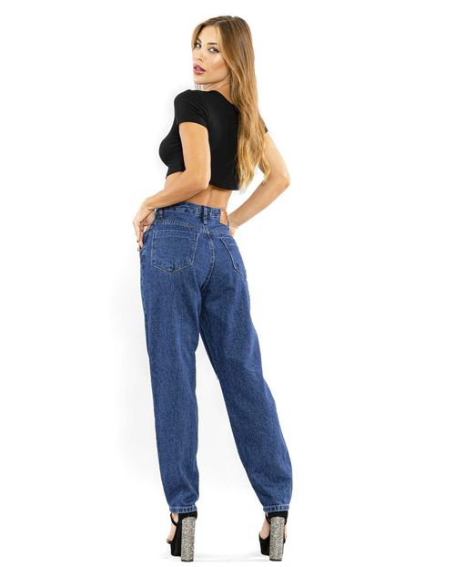 Calça Jeans Feminina Mom 101 Vibes com Rasgo No Joelho 00107 Escura