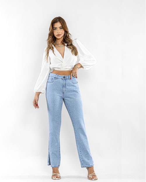Calça Jeans Wide Loose Feminina Cintura Alta Abertura Lateral Barra 02920 Clara
