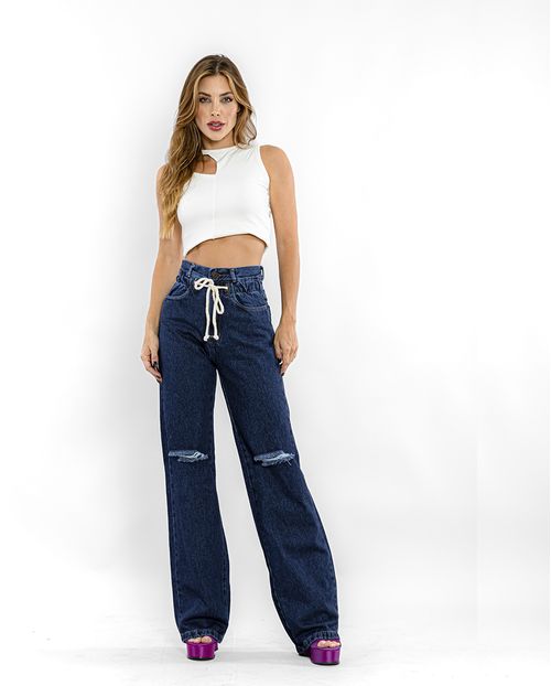 Calça Jeans Feminina Wide Leg Rope com Rasgo No Joelho 22187 Escura