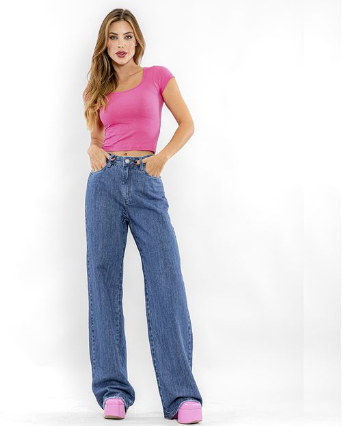 Calça Jeans Wide Leg Feminina Cintura Alta Básica 22594 Escura