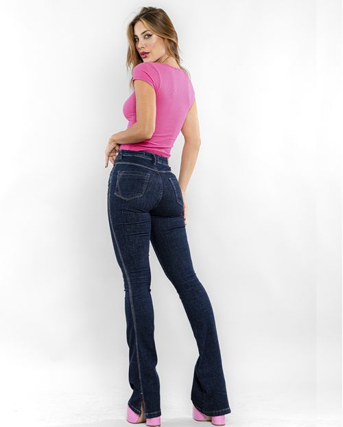 Calça Jeans Feminina Flare com Abertura Lateral Na Barra 22202 Escura