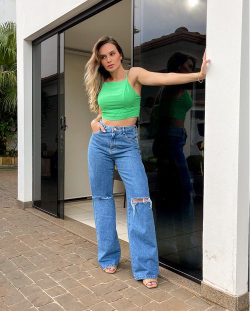 Calça Jeans Feminina Wide Leg Basica 29005 Média Rasgada
