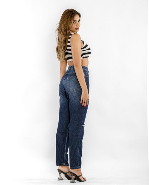 Calça Jeans Mom Feminina Cintura Alta 101vibes Algodão 00101 Escura Rasgada