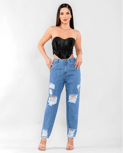 Calça Jeans Feminina Mom com Rasgos  22593 Média