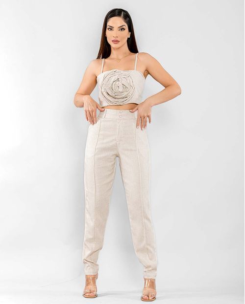 Calça  Feminina Alfaitaria com Top Uma Flor  90222 Natural