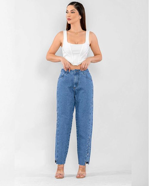 Calça Jeans Feminina Mom Bordado Flor 22543 Média