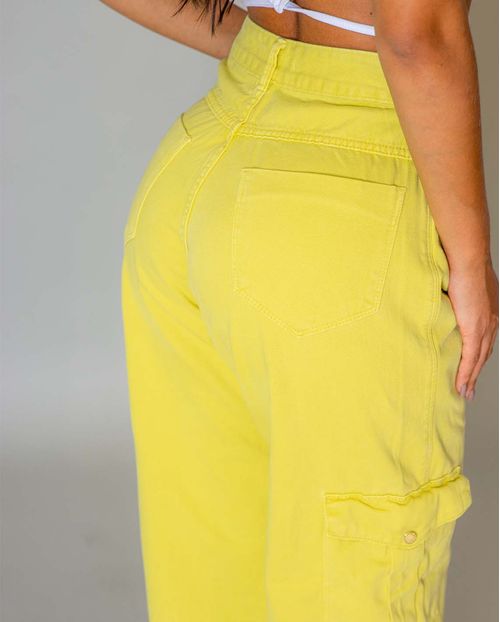 Calça Sarja Wide Leg Feminina Cintura Alta Bolsos Cargo 21389 Amarelo
