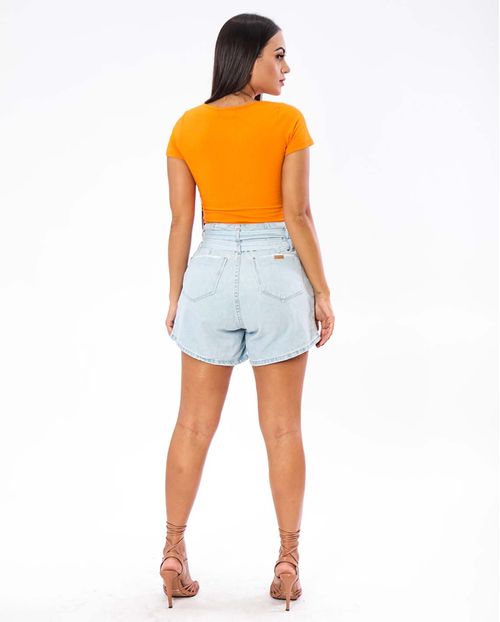 Shorts Jeans Feminino Mom Estilo Clochard Claro com Passante Duplo   21446 Clara