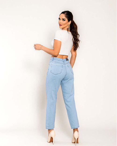 Calça Jeans Mom Feminina Cintura Alta Aplicação Nos Bolsos 22304 Clara