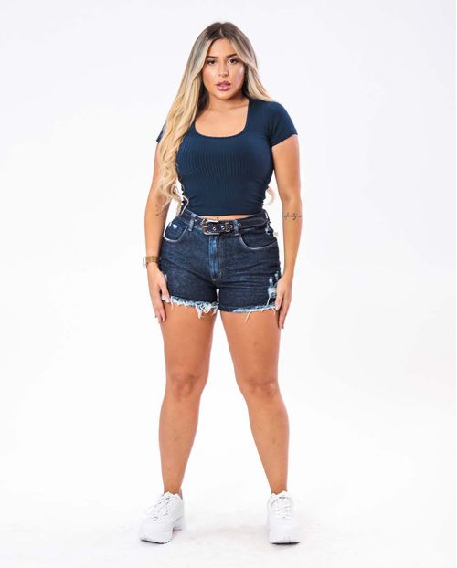 Shorts Jeans Feminino Boyfriend com Puídos e Cinto   00232 Escura