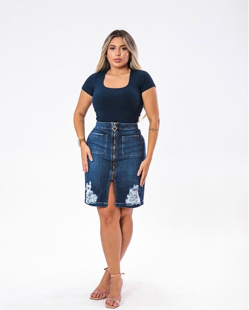 Saia Jeans Midi com Ziper Frontal Escura   17043 Escura
