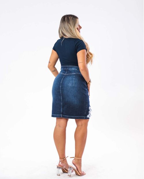 Saia Jeans Midi com Ziper Frontal Escura   17043 Escura