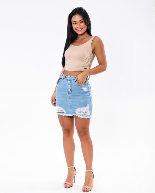 Mini-Saia Jeans Feminina Clara Rasgada com Botões Revestidos 21598 Clara