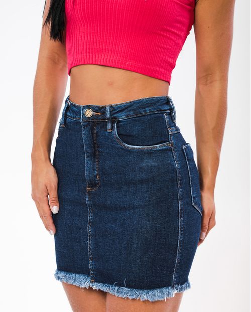 Mini Saia Jeans Feminina Básica com Barra Desfiada 21620 Escura