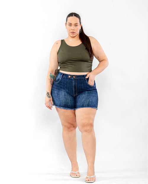 Shorts Jeans Feminino Plus Size Barra Desfiada 22520 Escura
