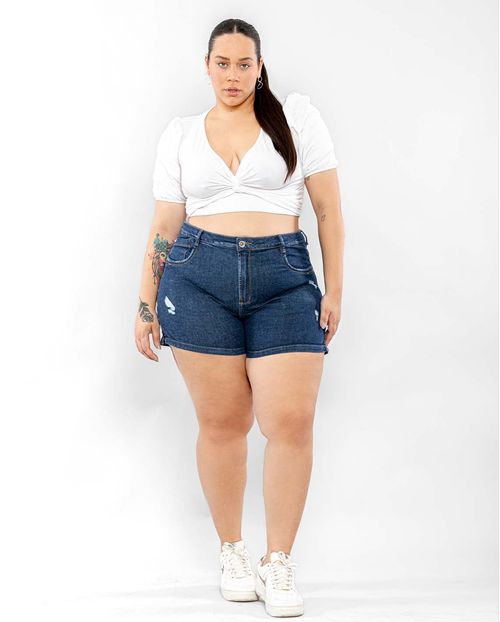 Shorts Jeans Feminino Plus Size Abertura Lateral 22408 Escura