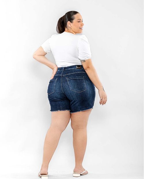 Bermuda Jeans Feminina Plus Size Meia Coxa 22521 Escura