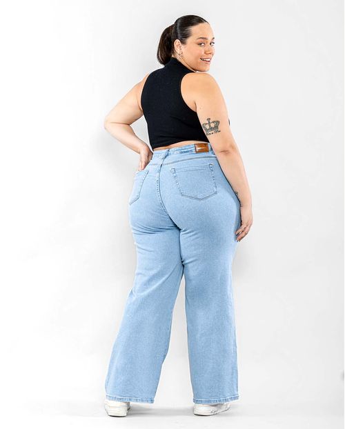 Calça Jeans Feminina Wide Leg Plus Rasgo No Joelho 29027 Clara