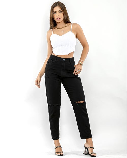 Calça Feminina Mom Preta  com Rasgos  00119 Preto