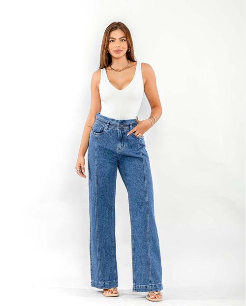 Calça Feminina Jeans Wide Leg Clochard com Cós Pespontado e Barra Larga  22505 Média