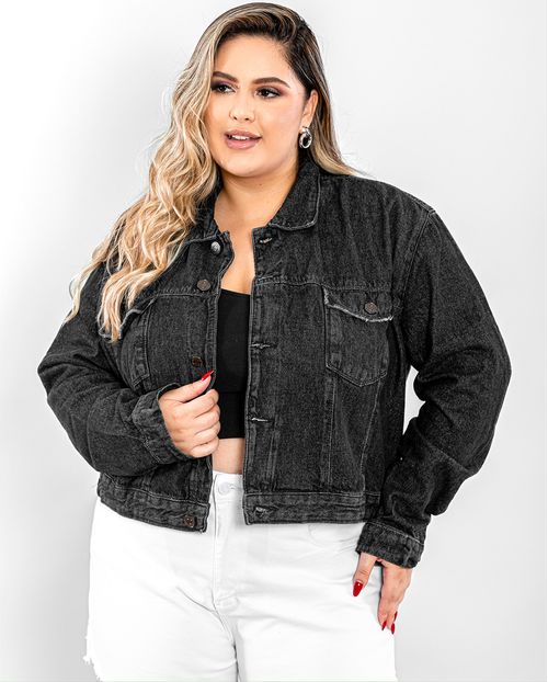 Jaqueta Jeans Feminina Plus Size Cropped Preta 20650 Unica
