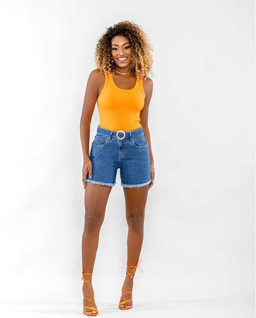 Bermuda Jeans Feminina Meia Coxa com Cinto 22689 Escura