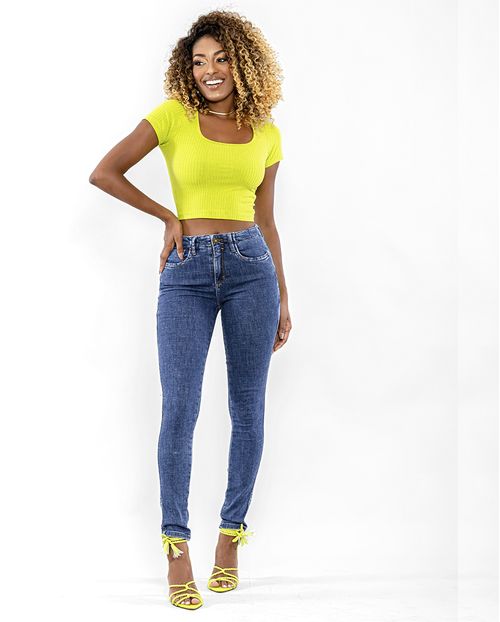 Calça Jeans Feminina Skinny Detalhe Cós 22375 Escura