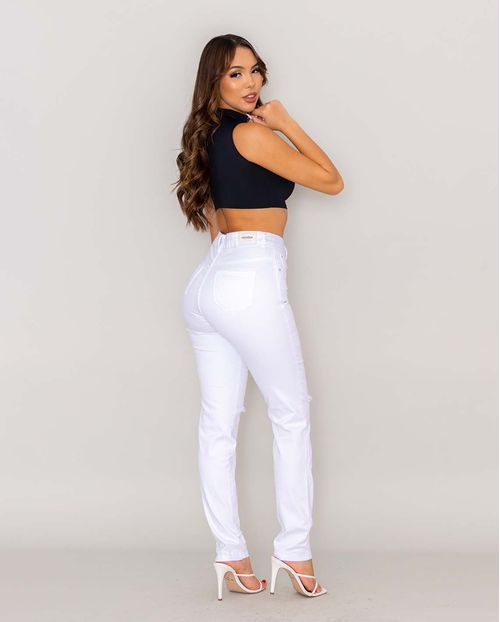 Calça Sarja Feminina Skinny Rasgo No Joelho 21919 Branco