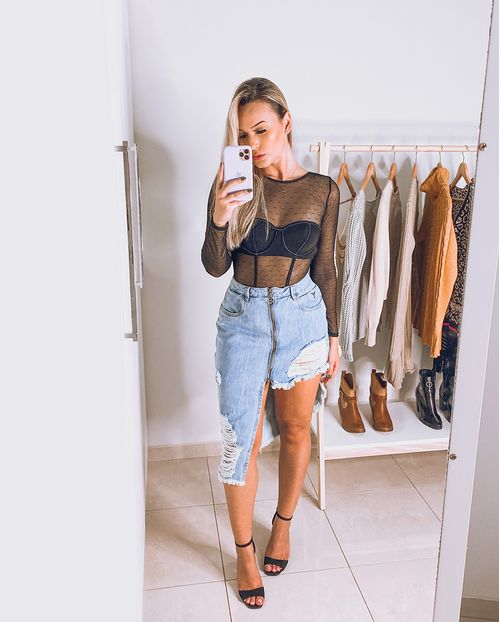 Saia Midi Feminina Jeans Barra Irregular 19055 Unica