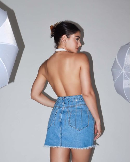 Mini Saia Jeans Cós Diferenciado Feminina Aplicação 22504 Média