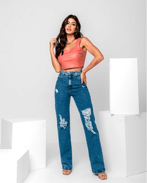 Calça Jeans Wide Leg Feminina Cintura Alta Rasgos 22666 Média