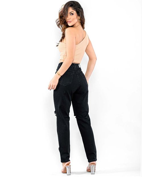 Calça Fem Mom Preta Rasgada  C/elastano 00216 Preta Rasgada