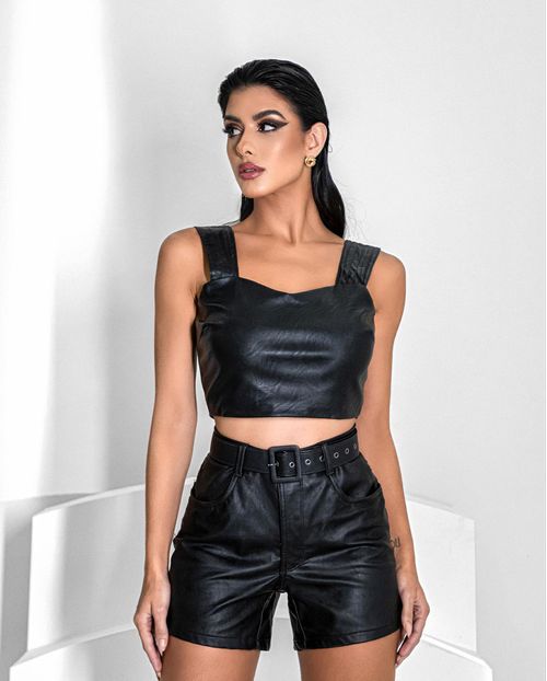 Shorts Material Sintético Mom Feminino Cintura Alta Cinto Revestido 22739 Preto