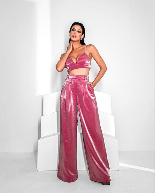 Calça Flare Feminina Acetinada Cintura Alta Detalhe Brilho 90444 Rosa