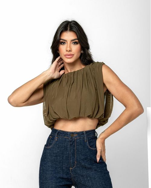 Blusa em Tule Cropped Feminina Ombreiras 90331 Verde